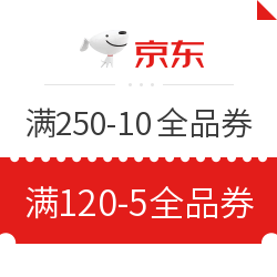 京东 领券中心 满250-10/满120-5元京东全品类券